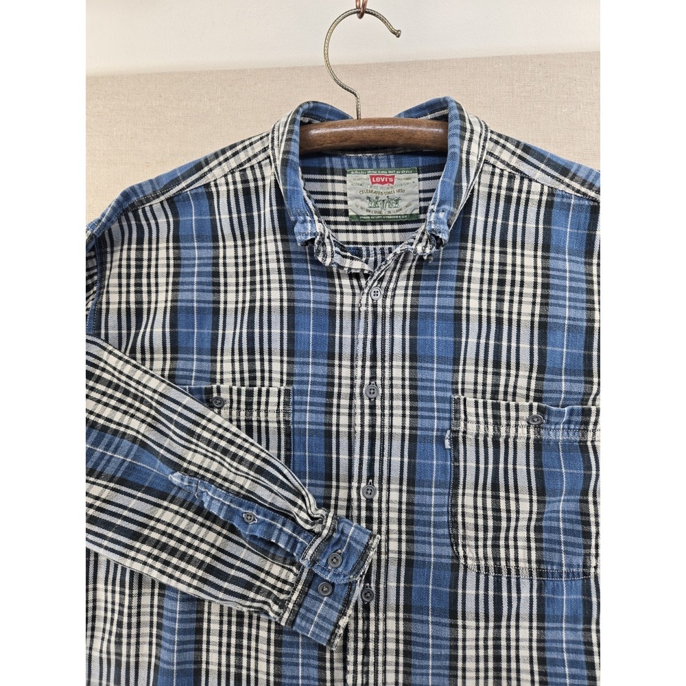 VTG 90s Levi's Denim Long Sleeve Button Up Shirt Plaid Men's XL Grunge Western